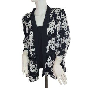 Alex Evenings Size S Women's Top Twinset Embroidered Black White 3/4 Sleeve 12